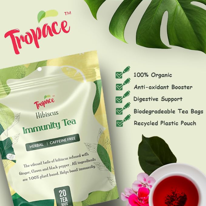 Tropace Organic Immunity Hibiscus Herbal Tea – 20 Tea Bags, Infused with Ginger, Cloves & Black Pepper, Caffeine-Free, Rooted in Egypt & Packed in USA, 1.4 oz (40g)