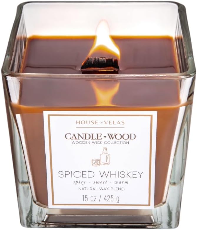Candle Wood Collection, 15 oz, 1 Wooden Wick, Spiced Whiskey, Square Glass Jar Candle