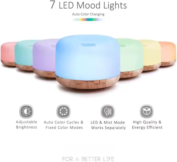 500ml Home/Office Aroma Diffuser with Multi-Color Lighting for Night Stand, Desk, Table, Essential & Fragrant Oil Vaporizer, Remote Control, Timer & Auto-Off Switch, Brown, Premium