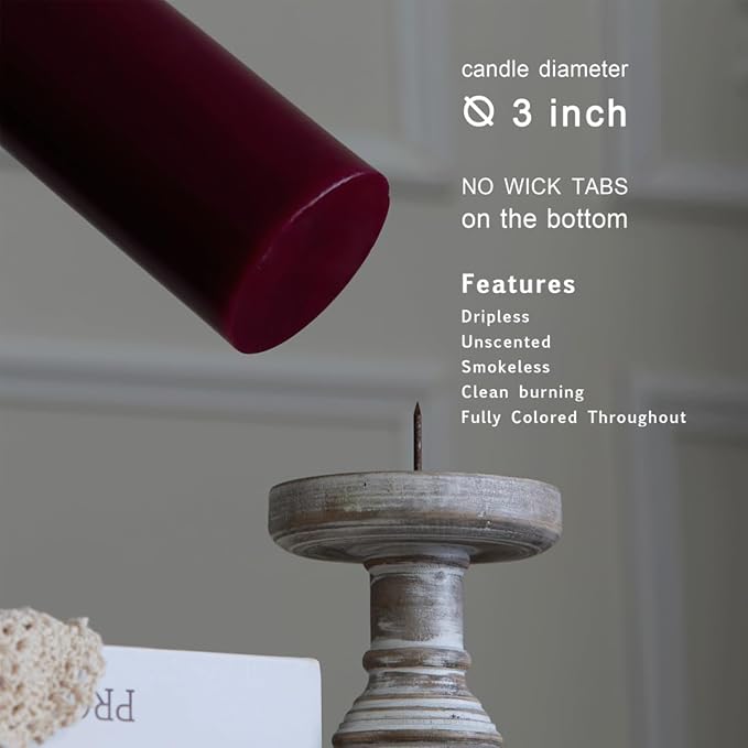 MOZEAL 3" x 4" Hand-Poured Unscented Burgundy Candle, Dripless Maroon/Dark Red Pillar Candle Set of 3, Long Clean Burning, Approx 72 Hours Burn Time, Rustic Country Style, Home Decor
