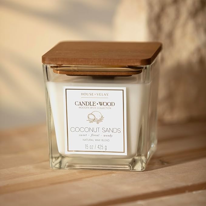 Candle Wood Collection, 15 oz, 1 Wooden Wick, Coconut Sands, Square Glass Jar Candle