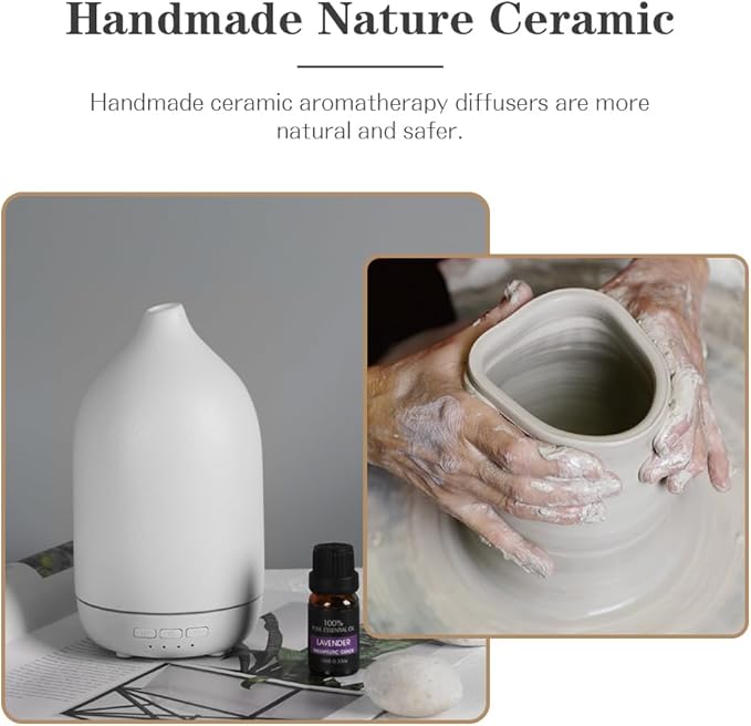 Essential Oil Diffusers, Aromatherapy Diffuser for Essential Oils, 100ml Ceramic Oil Diffusers for Large Room - 5 Timers, Warm Ambient Light, Auto-Off