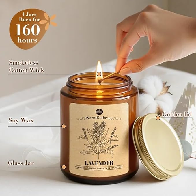 WarmEmbrace Lavender Candles, 4-Pack Scented Candle Set for Women, 7.6 oz Natural Organic Soy Wax in Glass Jar, 160 Hours Long-Lasting Burn, Perfect for Mom Girl Friend Birthday Gifting (4 Fragrance)