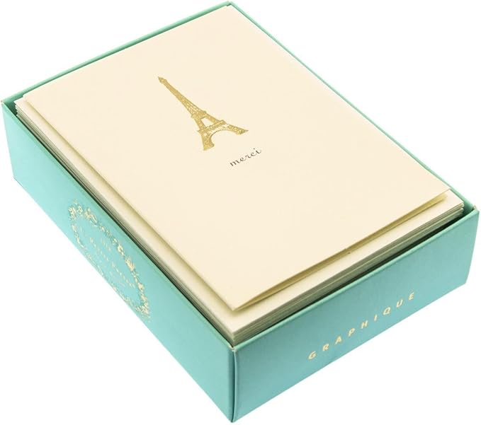 Graphique Eiffel Tower Merci Notecards – 10 Embossed Gold Foil Blank Cards with Envelopes – Boxed Set – 3.25" x 4.75"