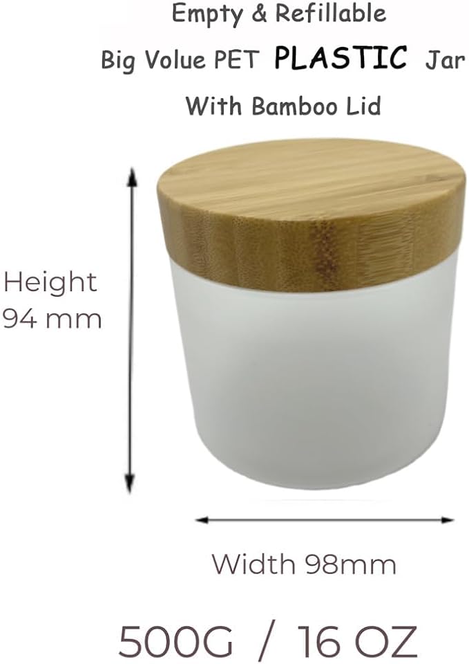 Empty Bamboo Lid Jar 16oz/500g,Refilable Plastic Round Cosmetic Containers for Powder,Body Butter,Cream,Lotion,Wide Mouth Makeup Sample Storage Pot Dispenser(Frost)