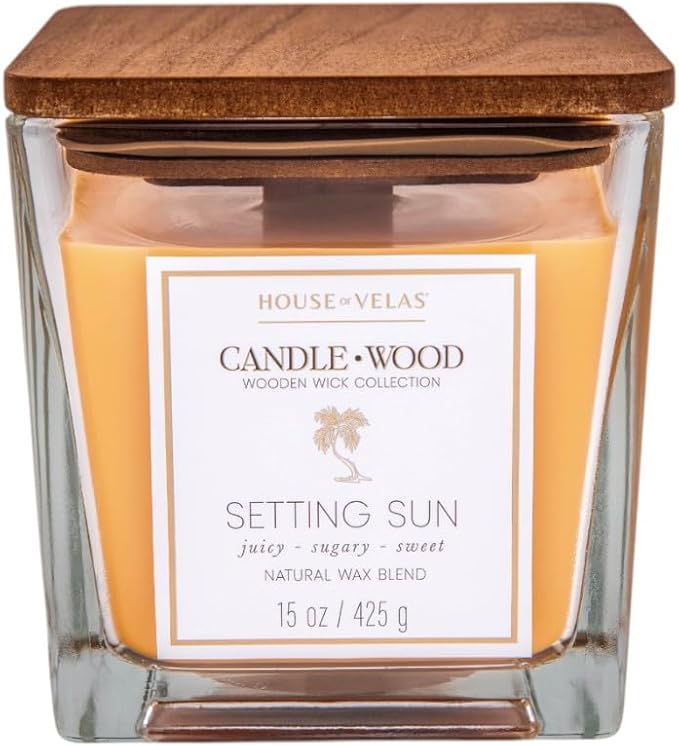 Candle Wood Collection, 15 oz, 1 Wooden Wick, Setting Sun, Square Glass Jar Candle