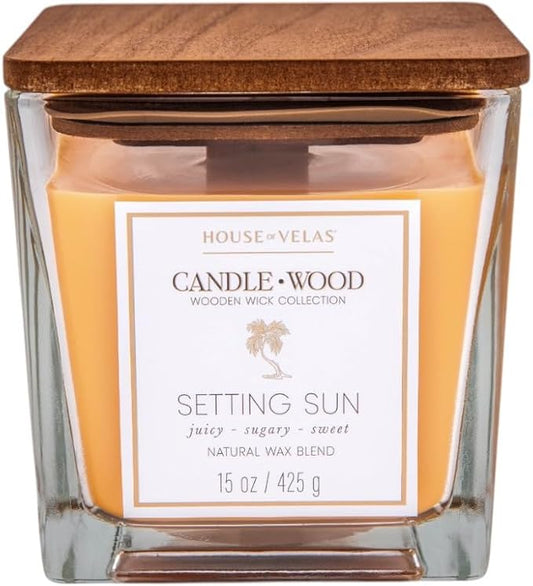 Candle Wood Collection, 15 oz, 1 Wooden Wick, Setting Sun, Square Glass Jar Candle