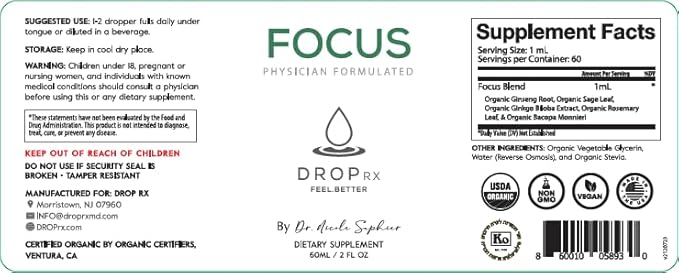 DropRx Focus by Dr. Nicole Saphier – Ginkgo Biloba & Ginseng, Bacopa, Rosemary & Sage for Memory Improvement and Brain Focus – Organic, Non-GMO, Vegan, Gluten-Free, Kosher, Made in USA (2 Fl Oz)