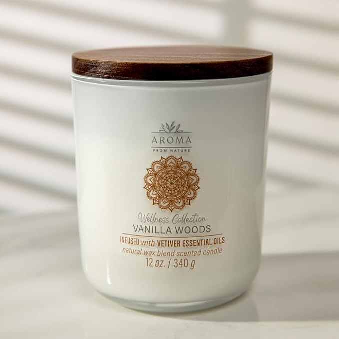 Aroma from Nature Wellness Collection Candle, 12 oz, 2 Cotton Wicks, Vanilla Woods, Large Painted Jar