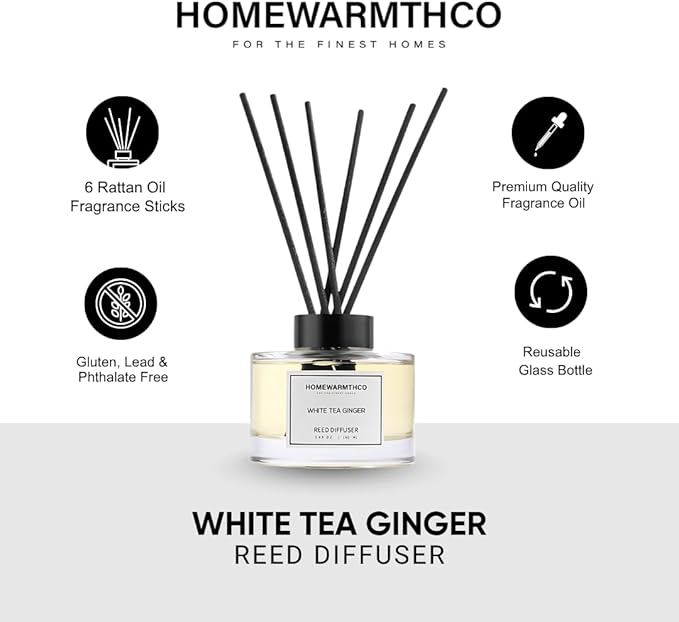 White Tea Reed Diffuser Set - Luxury Fragrance Stick Reed Diffusers for Home, Office & Bathroom Décor - Long-Lasting Scent Sticks Diffuser with Non-Toxic Oils (5.63 oz)