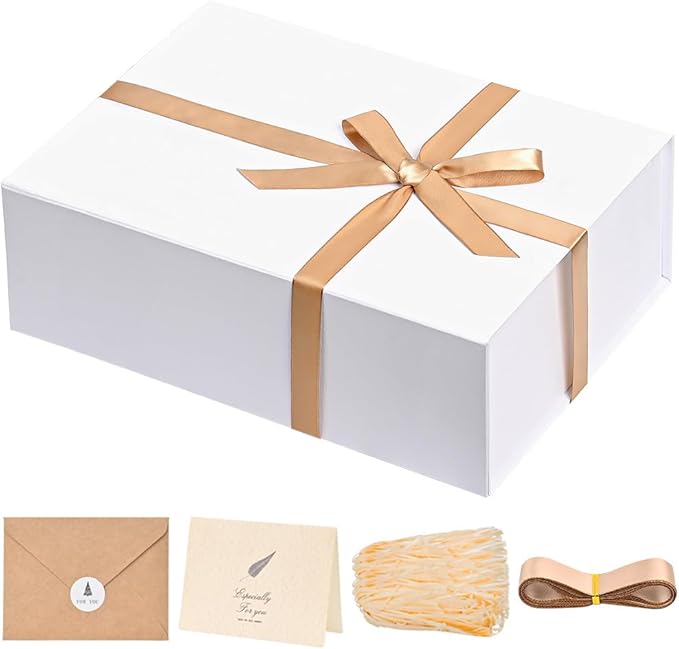 LIFELUM White Gift Box 13.85 x 8.35 x 4.45 inch Wedding Gifts Box for Bridesmaid Proposal Gifts for Gifts with Card, Ribbon, Shredded Paper Filler Gift Packaging (1 Pcs)