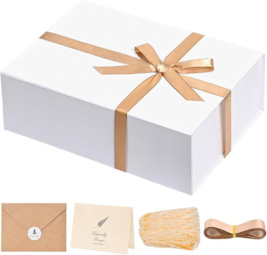 LIFELUM White Gift Box 13.85 x 8.35 x 4.45 inch Wedding Gifts Box for Bridesmaid Proposal Gifts for Gifts with Card, Ribbon, Shredded Paper Filler Gift Packaging (1 Pcs)