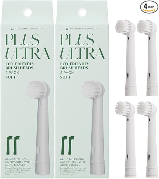 Plus Ultra Eco-Friendly Oral-B Compatible Electric Toothbrush Replacement Heads | 4 Heads Per Pack | Made with Recycled Plastic | Soft Toothbrush for Sensitive Teeth