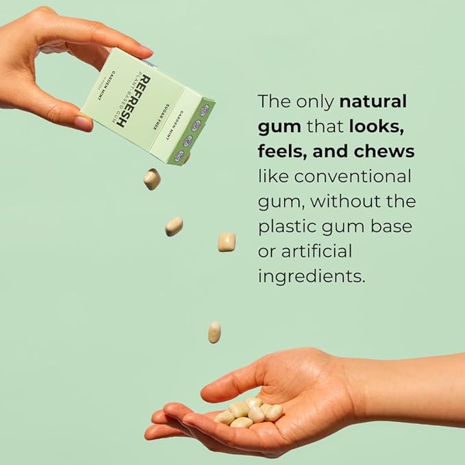 Refresh Gum, Xylitol, Natural, Sugar Free, Chewing Gum, Plastic Free, Natural Flavors & Organic Ingredients, Non GMO, Gluten Free, Vegan, Peppermint & Garden Mint
