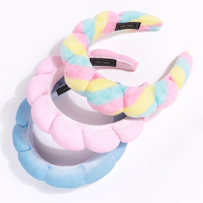 Spa Headbands for Washing Face or Makeup, Sponge Bubble Skincare Headbands, Puffy Terry Cloth Hairband for Women, Skin Care Makeup Headwear Hair Accessories for Girls