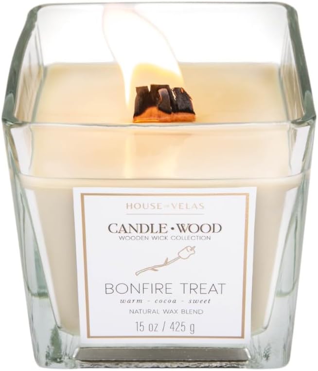 Candle Wood Collection, 15 oz, 1 Wooden Wick, Bonfire Treat, Square Glass Jar Candle