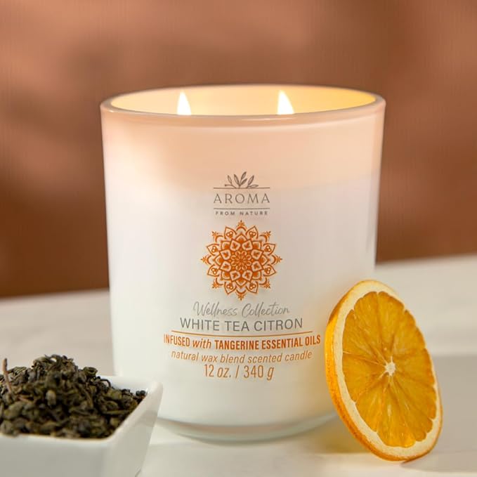 Aroma from Nature Wellness Collection Candle, 12 oz, 2 Cotton Wicks, White Tea Citron, Large Painted Jar