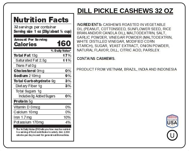 Dill Pickle Cashews 2 Pounds Resealable Pouch | Gourmet Roasted Cashews – Tangy, Savory, and Crunchy Snack – High-Protein, Vegan Friendly – Perfect for Snacking, Gifting, and Meal Prep | Jaybee's Nuts