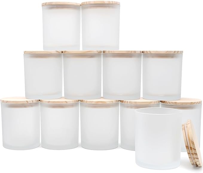 14 OZ Thick Candle Jars for Making Candles 12 Pcs, 3 Wick Empty Jars with Wood Lids for Candle Making, Sample Container,Frosted White