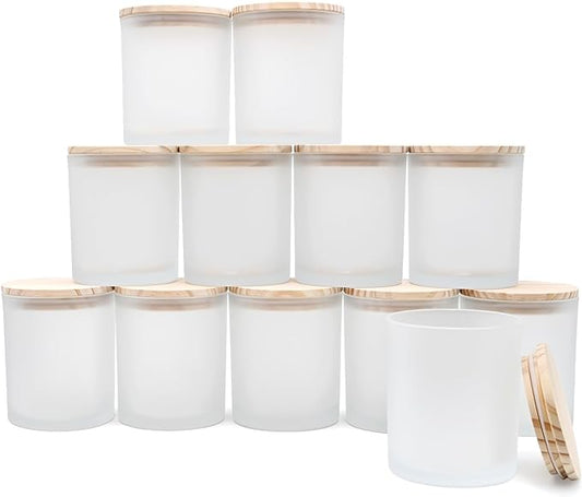 14 OZ Thick Candle Jars for Making Candles 12 Pcs, 3 Wick Empty Jars with Wood Lids for Candle Making, Sample Container,Frosted White