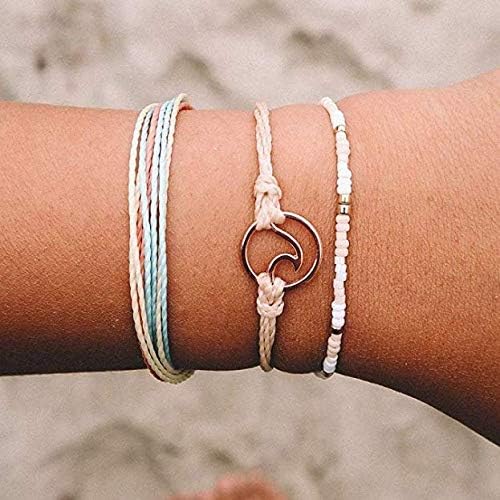 kelistom Handmade Braided Wax Rope Adjustable Strand Wrap Bracelet Set Waterproof Wave Shell Charm Stretch Knot String Thread Bracelets Friendship Jewelry