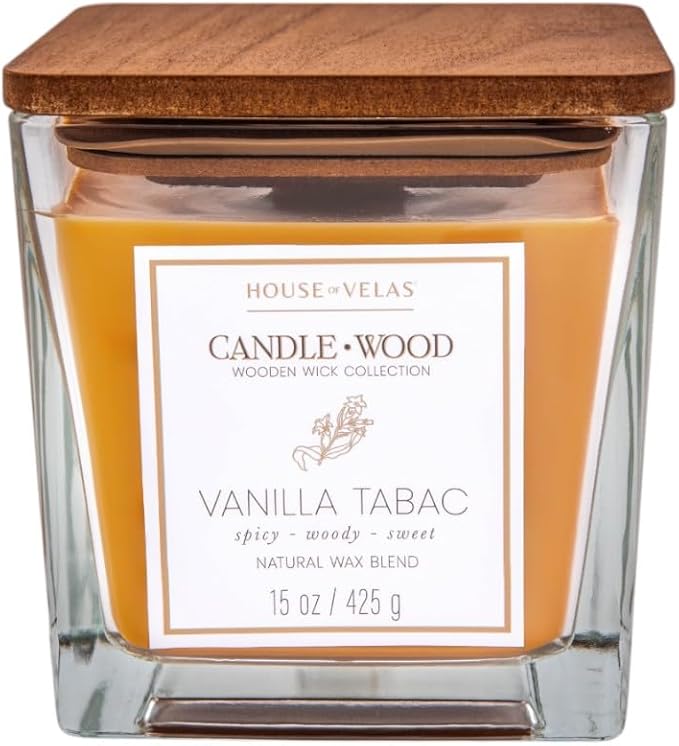 Candle Wood Collection, 15 oz, 1 Wooden Wick, Vanilla Tabac, Square Glass Jar Candle
