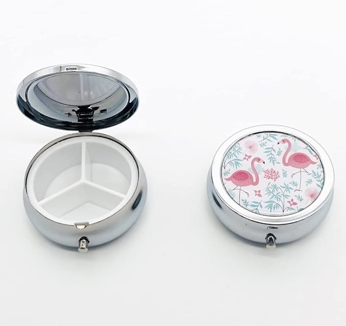 A Pink Flamingo Pill Box Purse Pocket Small Round Silver Pill Case Decorative Box Metal Medicine Vitamin Pill Organizer Portable Unique Gift