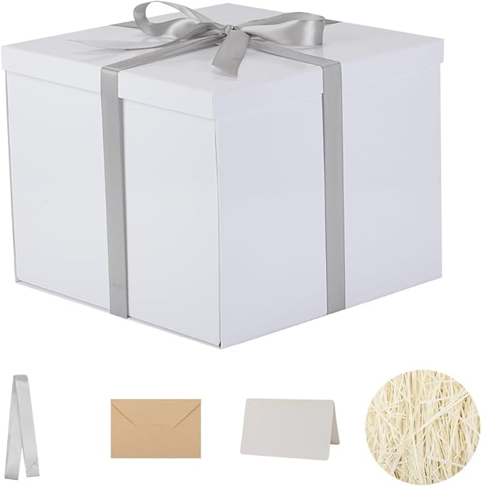 Large Gift Box with Lid 12.5x12.5x10 Inches, White Gift Boxes for presents Packaging for Birthdays, Valentine's Day, Christmas, Anniversaries (Include Shredded Paper Fill, Envelope Card Ribbon)