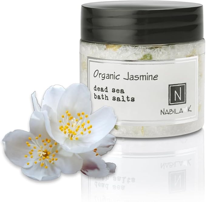 Organic Jasmine Bath Salts by Nabila K - Dead Sea Salt & Epsom Salt Scrub & Soak - Exfoliates & Hydrates Skin, Botanical Essential Oils - Bubble Bath Accessories for All Skins Types, 2 oz