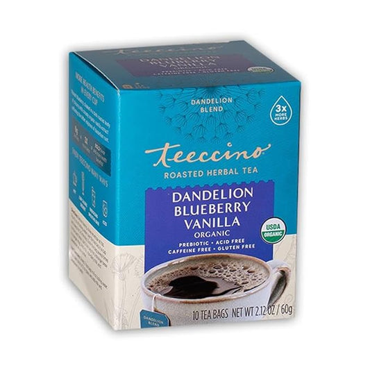 Teeccino Dandelion Blueberry Vanilla Herbal Tea, 10 Count - Rich & Roasted Herbal Tea That’s Caffeine Free & Prebiotic for Natural Energy, Coffee Alternative
