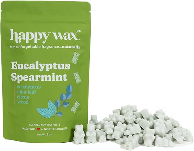 Happy Wax Eucalyptus Spearmint Scented Bear Wax Melts - Natural Strong Eucalyptus Scented Wax Melts Infused w/Essential Oils - Non Toxic Wax Melt. Scented Soy Wax Melts for Warmers (8 oz Pouch)