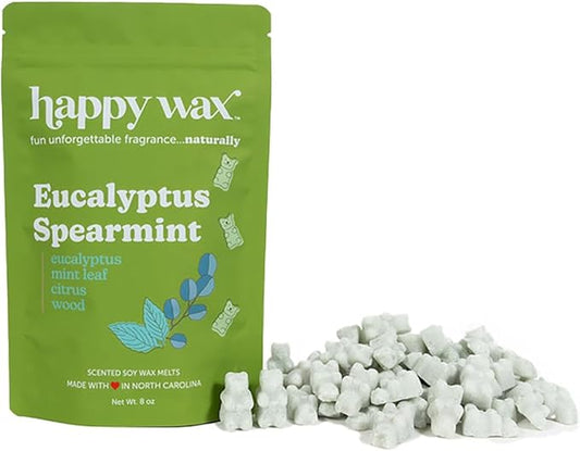 Happy Wax Eucalyptus Spearmint Scented Bear Wax Melts - Natural Strong Eucalyptus Scented Wax Melts Infused w/Essential Oils - Non Toxic Wax Melt. Scented Soy Wax Melts for Warmers (8 oz Pouch)