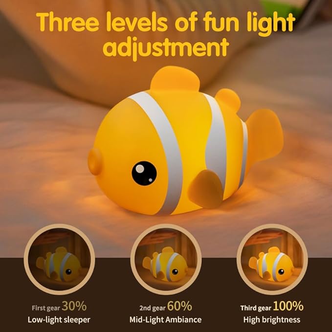 Clownfish Silicone Night Light for Kids – 3-Level Dimmable Tap Lamp with Timer, Soft BPA-Free Nursery Nightlight for Baby & Toddler, USB-C Rechargeable, Bedside Breastfeeding Light