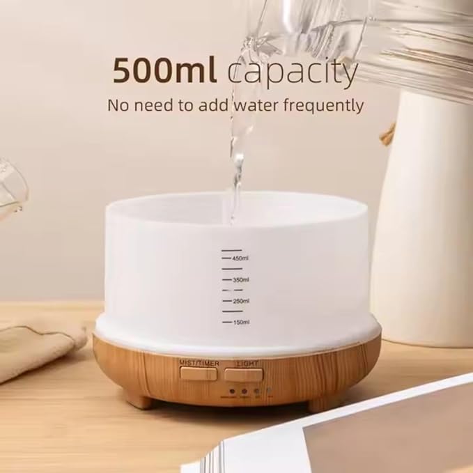 500ml Home/Office Aroma Diffuser with Multi-Color Lighting for Night Stand, Desk, Table, Essential & Fragrant Oil Vaporizer, Remote Control, Timer & Auto-Off Switch, Brown, Premium