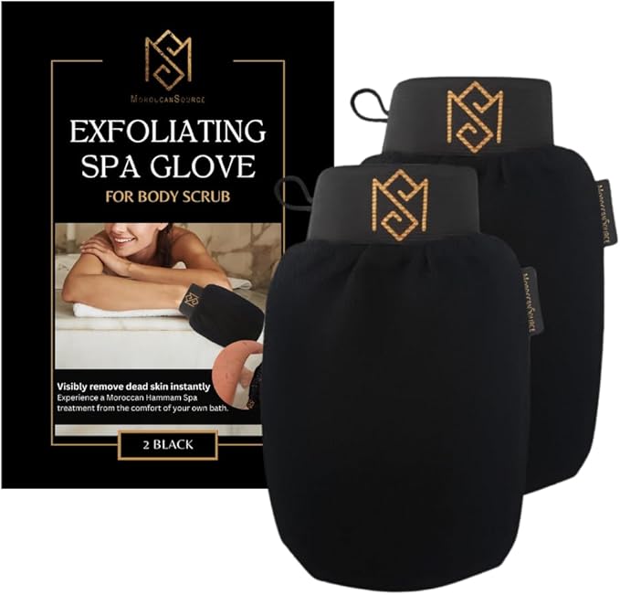 Exfoliating Glove Kessa Mitt Body Scrubber - Dead Skin Remover Shower Glove for Dead Skin Scrubbing and Deep Pore Cleansing - by MoroccanSource (2 Pack Black)