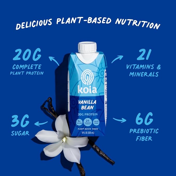 Koia Plant Based Protein Shake, Vanilla Bean, 20g Protein, 3g Sugar, 6g Prebiotic Fiber, 21 Vitamins & Minerals, Meal Replacement Drinks, Dairy-Free, Gluten-Free, Non-GMO, 11 Fl Oz (Pack of 18)