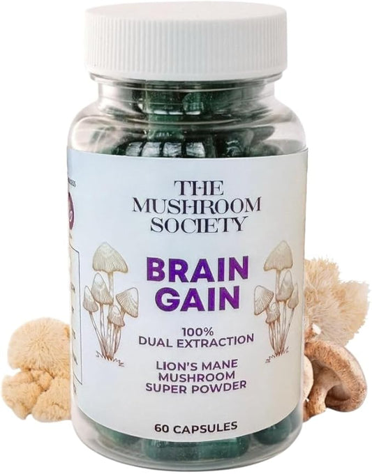Brain Gain Lion’s Mane Supplement - 1000 mg Organic Dual Extraction with 30% Beta-Glucans for Memory, Focus & Brain Health - 60 Vegan Capsules