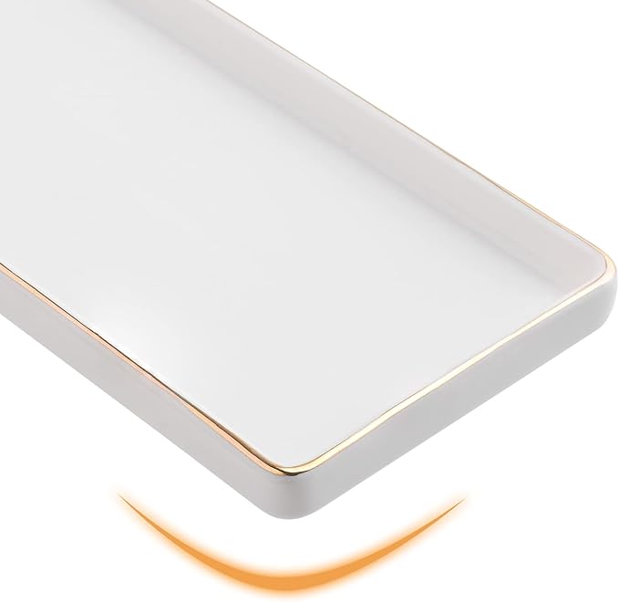 Gurygo 8" Bathroom Tray, Ceramic Vanity Trays for Bathroom, Small Ceramic Trays, Kitchen Soap Tray for Kitchen Counter (White with Gold-Edged, 8",Set/1)