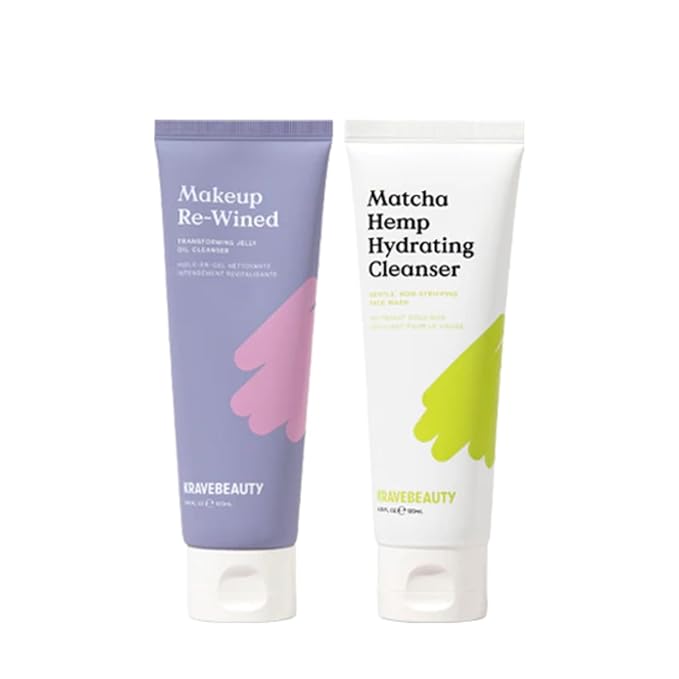 KraveBeauty Double Cleanse Duo, Makeup Re-Wined + Matcha Hemp Cleanser, Gentle Makeup Remover & Hydrating Cleanser, Hydrates and Preps Skin, Vegan & Cruelty Free, 3.38 fl oz 4.05 fl oz