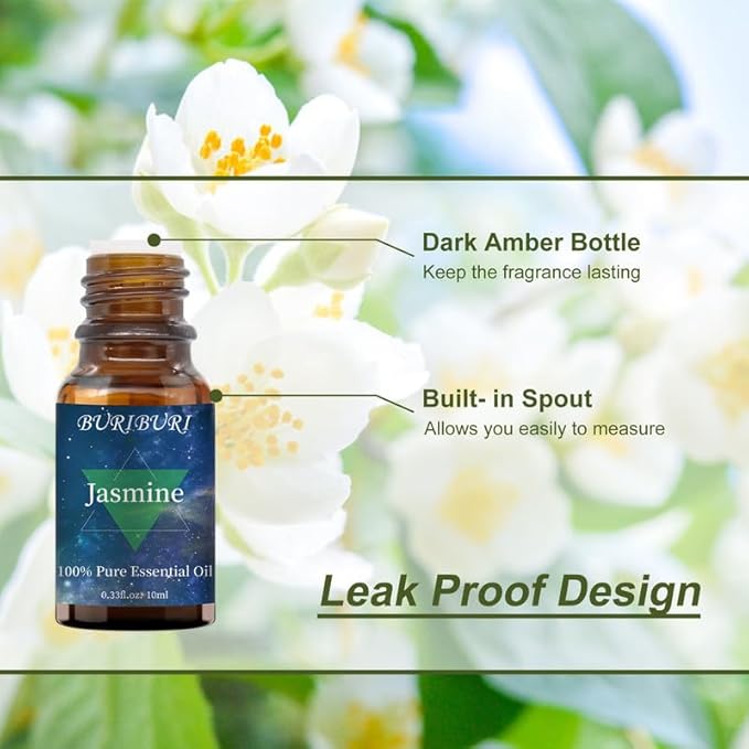 BURIBURI Jasmine Oil and Gardenia Essential Oils Gift Set, 100% Pure, Undiluted, Natural, Organic Aromatherapy Jasmine Essential Oils for Diffuser, Massage, 10MLx2