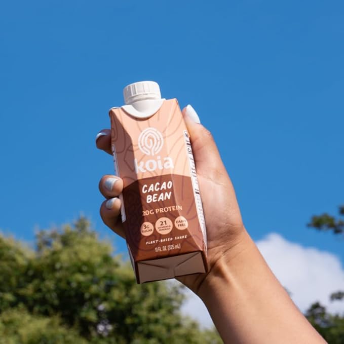 Koia Plant Based Protein Shake, Cacao Bean, 20g Protein, 3g Sugar, 6g Prebiotic Fiber, 21 Vitamins & Minerals, Meal Replacement Drinks, Dairy-Free, Gluten-Free, Non-GMO, 11 Fl Oz (Pack of 12)