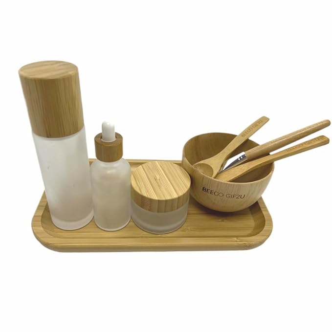 Face Mask Mixing Bowl Set Bamboo,8 Pcs Diy Facemask Mixing Tool Kit With Facial Mask Bowl,Spatula,Spoon,Brush,Empty Refilable Lotion Pump Bottle,Cream Jar and Dropper Bottle and Tray