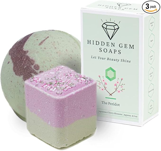 August Birthstone Peridot 3 Piece Gift Set All Natural Bar Soap, Bath Bomb, Shower Steamer Made in USA Palm Oil Free