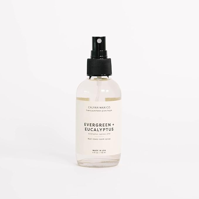 Calyan Wax Co. Non Toxic Room Spray, Evergreen + Eucalyptus Air Freshener, Non Aerosol Natural Room Mist, Aromatherapy Spray with Essential Oils, 4fl oz