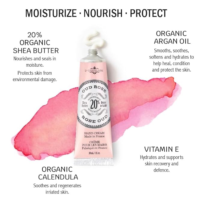 La Chatelaine Shea Butter Hand Cream, Made in France, Natural and Organic Ingredients, 70ml / 2.3 oz, Gift Tin, Oud Rose