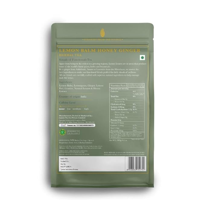 Luxmi Estates Lemon Balm Honey Ginger Loose Leaf Tea, 50 Tea Bags, Organic Herbal Tea, Caffeine Free Tea Bags for Relaxing, Calming, and Stress Relief, With Certified Organic Lemon Balm Tea