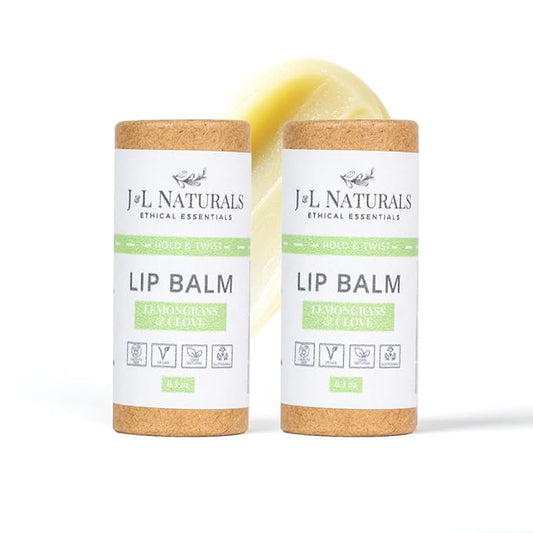 J&L Naturals Sustainable Lip Balm | Organic Ingredients, 100% Natural, Eco-Friendly | Cruelty Free, Vegan, Paraben Free, Silicone Free (Lemongrass & Clove, 2-Piece Duo)