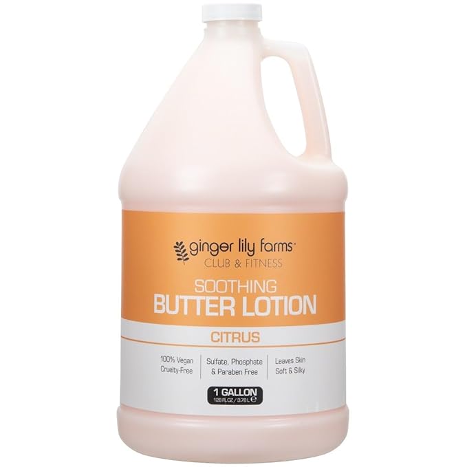 Ginger Lily Farms Club & Fitness Soothing Butter Lotion for Dry Skin, 100% Vegan & Cruelty-Free, Citrus Scent, 1 Gallon (128 fl oz) Refill