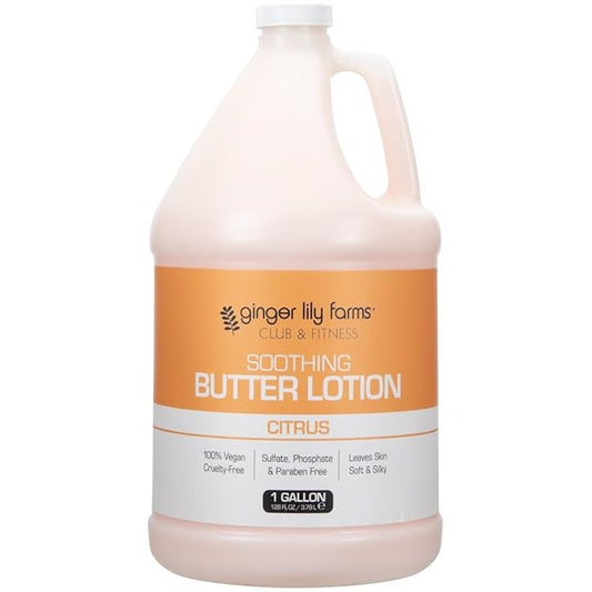 Ginger Lily Farms Club & Fitness Soothing Butter Lotion for Dry Skin, 100% Vegan & Cruelty-Free, Citrus Scent, 1 Gallon (128 fl oz) Refill