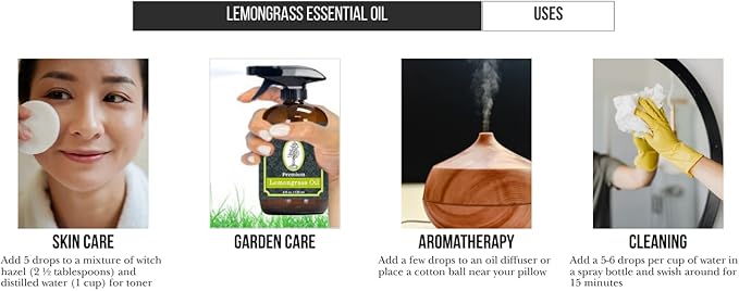 Lemongrass Essential Oil 4 Fl Oz with Dropper and Sprayer - 100% Pure and Natural - Hair Care, Home Diffusers, Skin Care, Aromatherapy, Massage and Humidifiers, and Garden Care